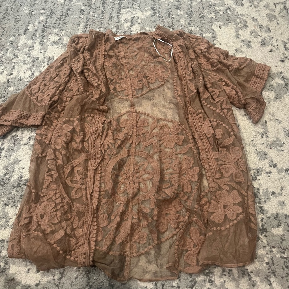 Umgee Brown Sheer Lace Cardigan